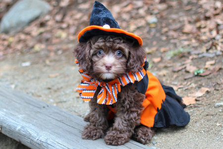 Adorable puppy dressed in a Halloween witch costume sitting outdoors.