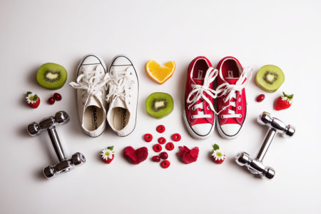 Fitness and healthy lifestyle concept with sneakers dumbbells and fresh fruits on white background.