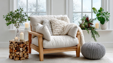 Cozy winter interior with knit pillows and candles near a window.の写真素材