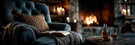 Cozy winter evening with a book and whiskey by the crackling fireplace.の写真素材