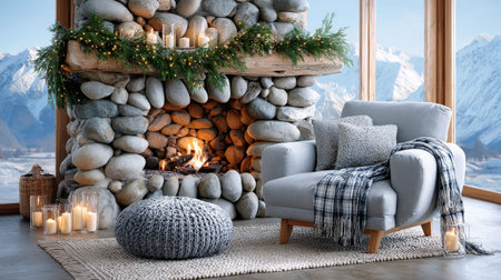 Cozy winter living room with stone fireplace and comfortable armchair by mountain view window.の写真素材