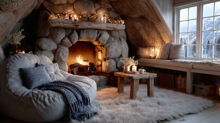 Cozy winter retreat with fireplace and view of snowy mountains for a relaxing holiday ambiance.の写真素材