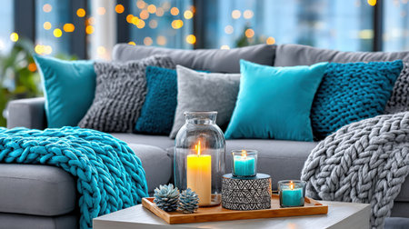 Cozy living room decor with teal and gray cushions and candles.の写真素材