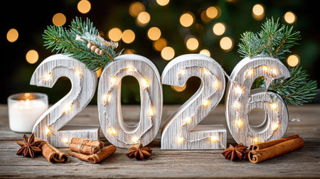 Festive new year 2026 with wooden numbers and holiday decor on a rustic background.