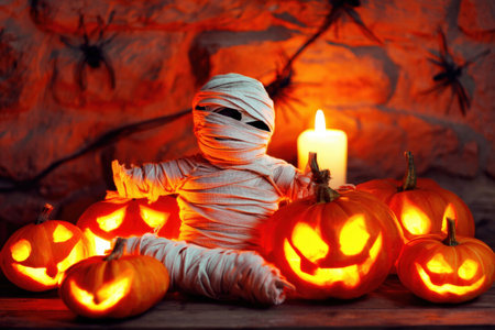 Halloween decorations with carved pumpkins and a wrapped mummy doll illuminated by candlelight.の写真素材
