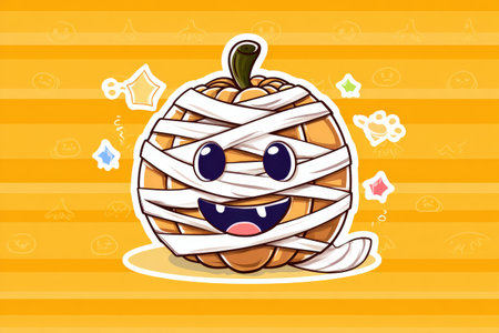 Cute cartoon pumpkin wrapped like a mummy for Halloween fun.の写真素材