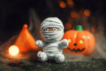 Halloween scene with a cute mummy toy and pumpkin decorations.の写真素材
