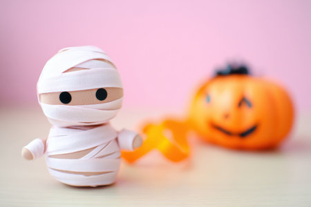 Cute Halloween scene with a mummy toy and a smiling pumpkin decoration in a playful setting.の写真素材