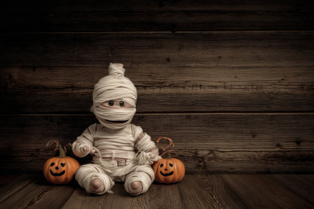 Cute baby in mummy costume with pumpkins for Halloween decoration.の写真素材