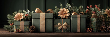 Elegant green Christmas gift boxes with golden ribbons surrounded by festive flowers and pinecones.の写真素材