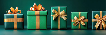 elegant arrangement of green gift boxes with gold ribbons on a green background for holiday...