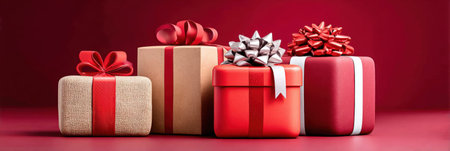 Elegant red and gold gift boxes with bows for a festive celebration.