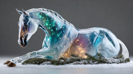 Elegant glass horse sculpture adorned with colorful fairy lights in a winter setting.の写真素材