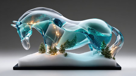 Elegant glass horse sculpture illuminated with lights in a winter forest scene.