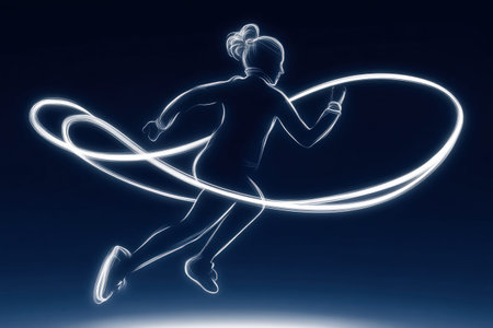 Dynamic light neon outline of a running woman symbolizing motion and energy.の写真素材