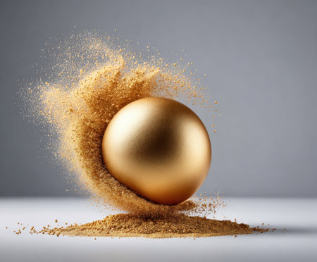 Golden sphere surrounded by swirling sand creating an artistic minimalistic effect.の写真素材