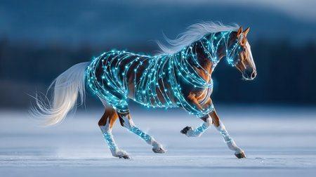 A majestic horse wrapped in glowing blue lights running through a snowy landscape.の写真素材