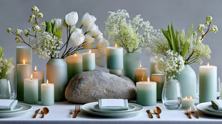 Elegant table setting with candles and flower arrangements for a romantic dinner