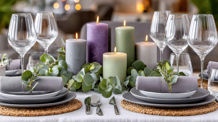 Elegant table setting with candles and eucalyptus for a festive dinner