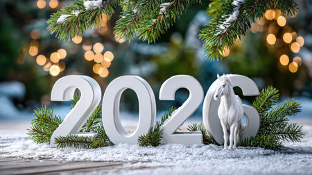 New Year 2026 celebration with snow and horse figurine among pine branches