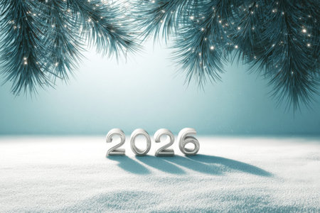 Winter landscape with pine branches and festive lights celebrating New Year 2026 in the snow