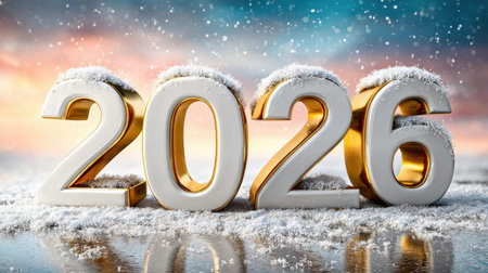 New year celebration concept with 2026 numbers in snow and sunset background