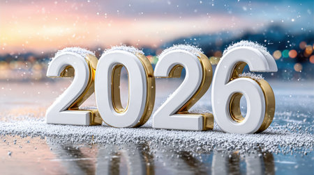 Elegant New Year celebration with 2026 numbers covered in snow and festive backgroundの写真素材