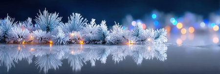 Frosty pine branches and glowing lights creating a serene winter holiday decoration