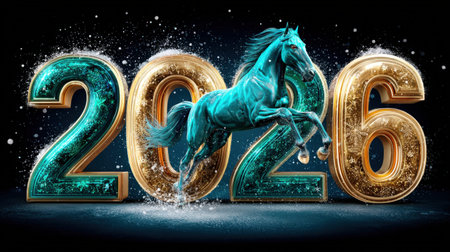 Dynamic horse illustration celebrating the new year 2026 in an artistic winter settingの写真素材