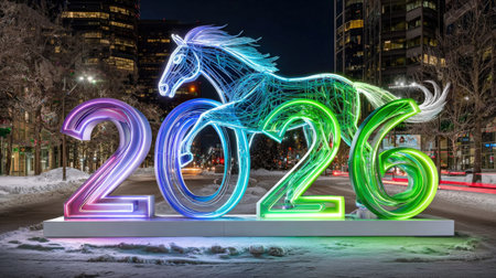 Vibrant city street neon display celebrating the year 2026 with horse artwork.の写真素材
