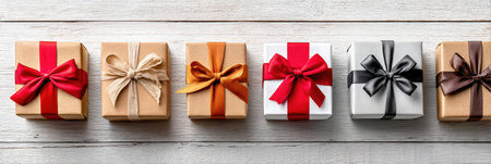 row of elegant gift boxes with various colored ribbons on white wooden background.