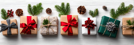 Festive Christmas gift boxes with pine branches and pine cones on a white wooden surface.