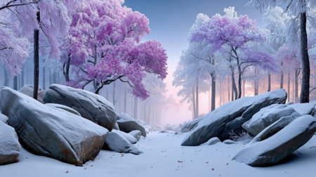 Winter landscape with snow covered rocks and vibrant pink trees under a pastel sky.の写真素材
