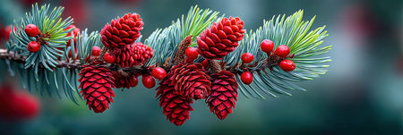 Close-up of vibrant red pine cones and berries on a branch with blurred natural background.の写真素材