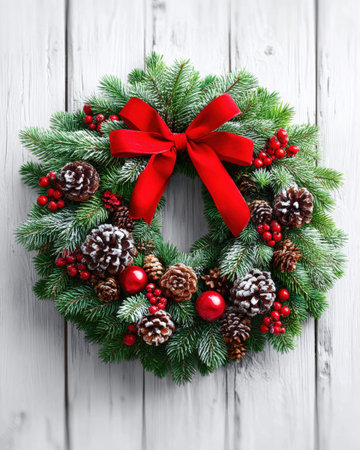 Festive Christmas wreath with red berries and pine cones on wooden background.