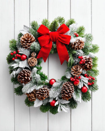 Festive Christmas wreath with red ribbon and pine cones on a white wooden background.