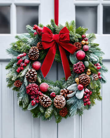 Festive Christmas wreath with red bow and pine cones on a wooden door.