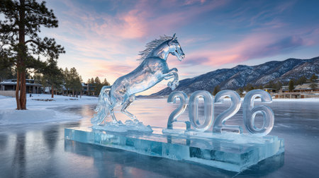 Majestic ice sculpture of a horse on a frozen lake at sunset.の写真素材