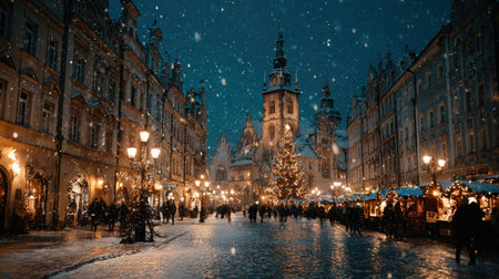 Charming winter evening at a festive holiday market with falling snow and illuminated decorations.の写真素材