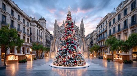 Beautiful Christmas market scene with a large decorated tree in a historic city square.の写真素材