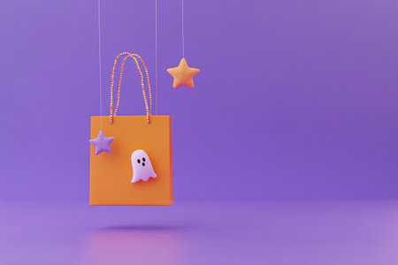 Halloween gift bag with ghost and star decorations on purple background.の写真素材