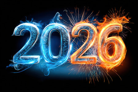 Vibrant 2026 new year celebration with fiery and icy elements.
