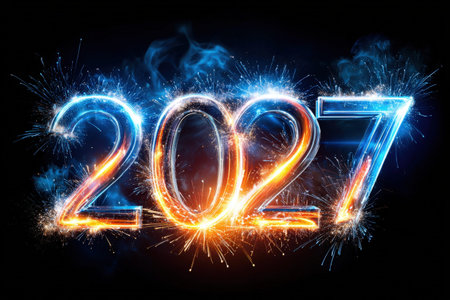 Bright glowing numbers 2027 with vibrant fireworks for New Year celebration.