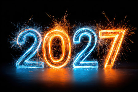 Glowing 2027 numbers with sparklers celebrating the new year in a festive scene.の写真素材