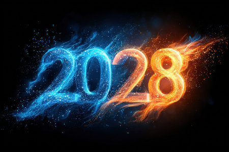 Fiery and icy futuristic design of the year 2028 for New Year celebration.