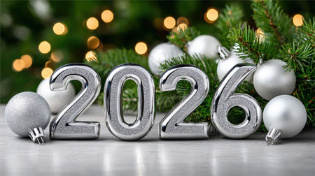 Shiny 2026 holiday decorations with silver ornaments and festive greenery.の写真素材