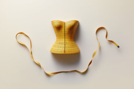 Creative concept of a dress form made from a yellow measuring tape on a neutral background.の写真素材
