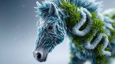 Winter fantasy horse with icy textures and pine garland in a snowy scene.の写真素材