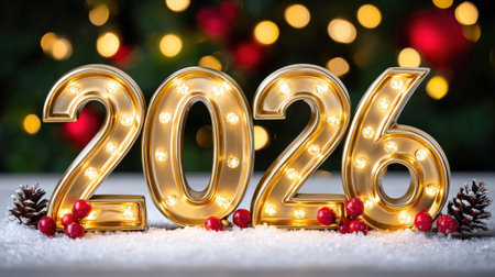 Festive decoration for the New Year 2026 with illuminated numbers and holiday ornaments.