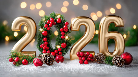 Christmas 2026 celebration with golden numbers and festive decorations.